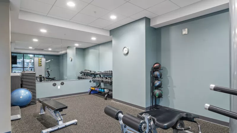 Small, well-lit gym featuring a blue exercise ball, weight bench, dumbbell rack, and leg exercise machine with mirrors.