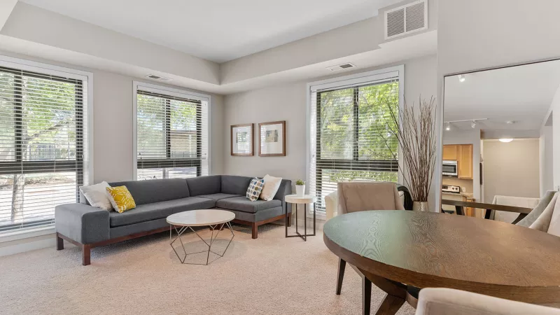 Bright living room with gray sectional, round coffee table, and dining area. Large windows and light colored walls.